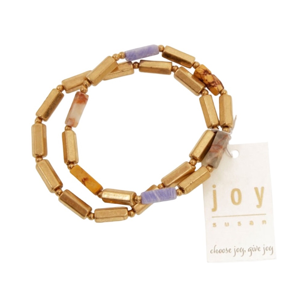 NWT Joy Susan Gold Double Strand Agate Stone Stretch Bracelet Blue Orange